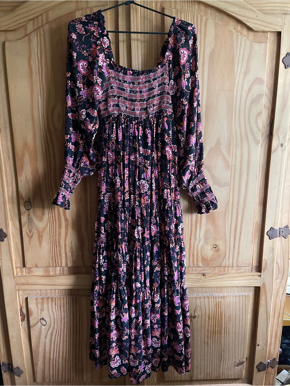 Free People Black/Pink Maxi Dress With Smocked Top And Sleeves Size S
